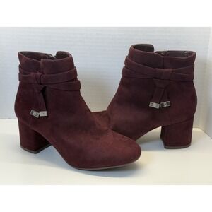 Kelly & Katie Takiso Sz 9.5W Bootie Burgundy Suede Block Heel Tassel Knot Accent